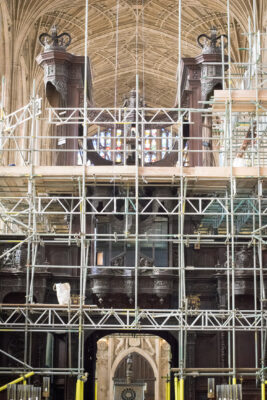 The empty organ case surrounded by scaffolding