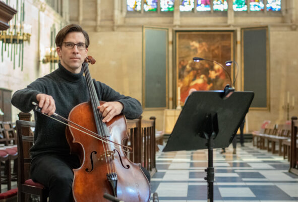 Guy Johnston rehearsing in the Chapel