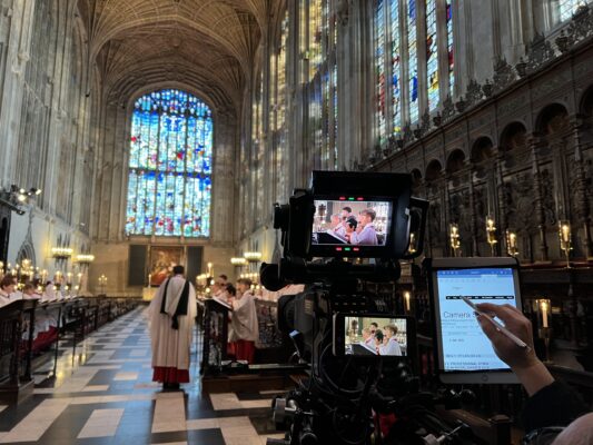 BBC camera in front of King's College Choir filming Easter from King's